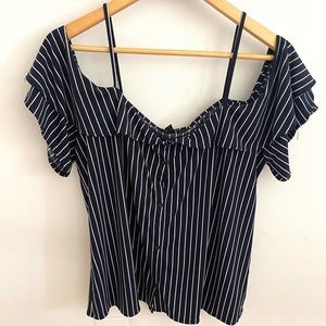 Banana Republic Cold Shoulder Stripped Top Navy Blue & White Size L Short Sleeve
